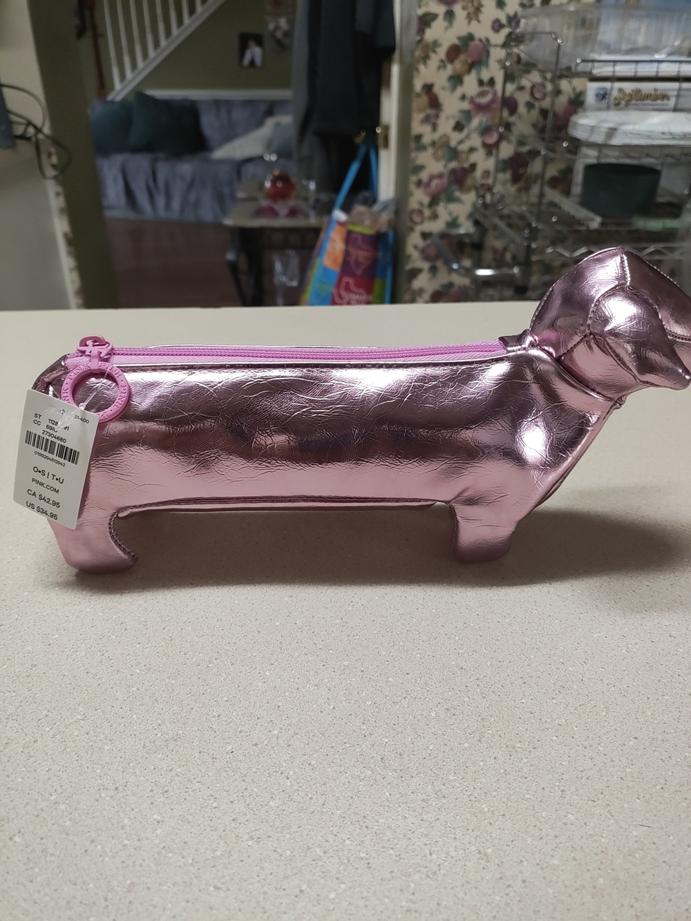 Victoria's Secret PINK Metallic Pink Dog Shaped Pencil Case Cosmetic Bag NWT
